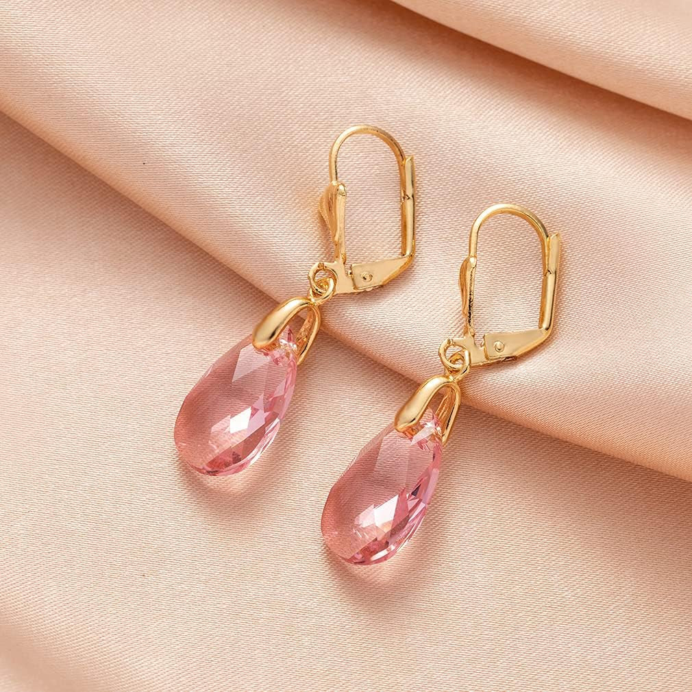 Austrian Crystal Teardrop Leverback Dangle Earrings for Women Fashion 14K Gold Plated Hypoallergenic Jewelry