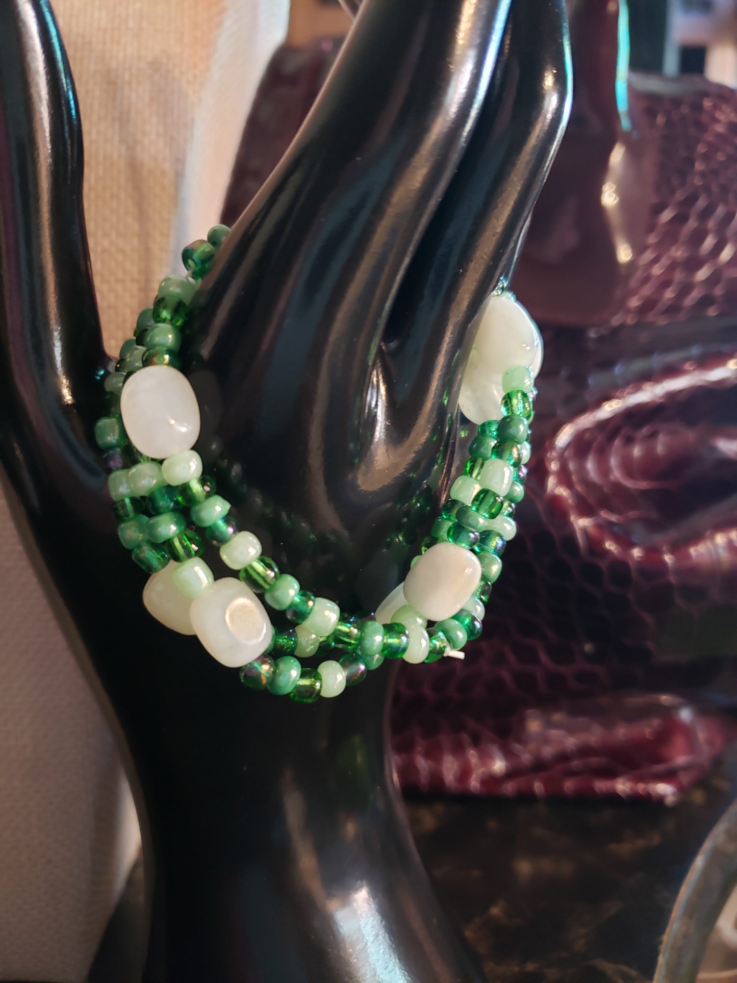 Tropical stretchy beaded white jade and iridescent beads