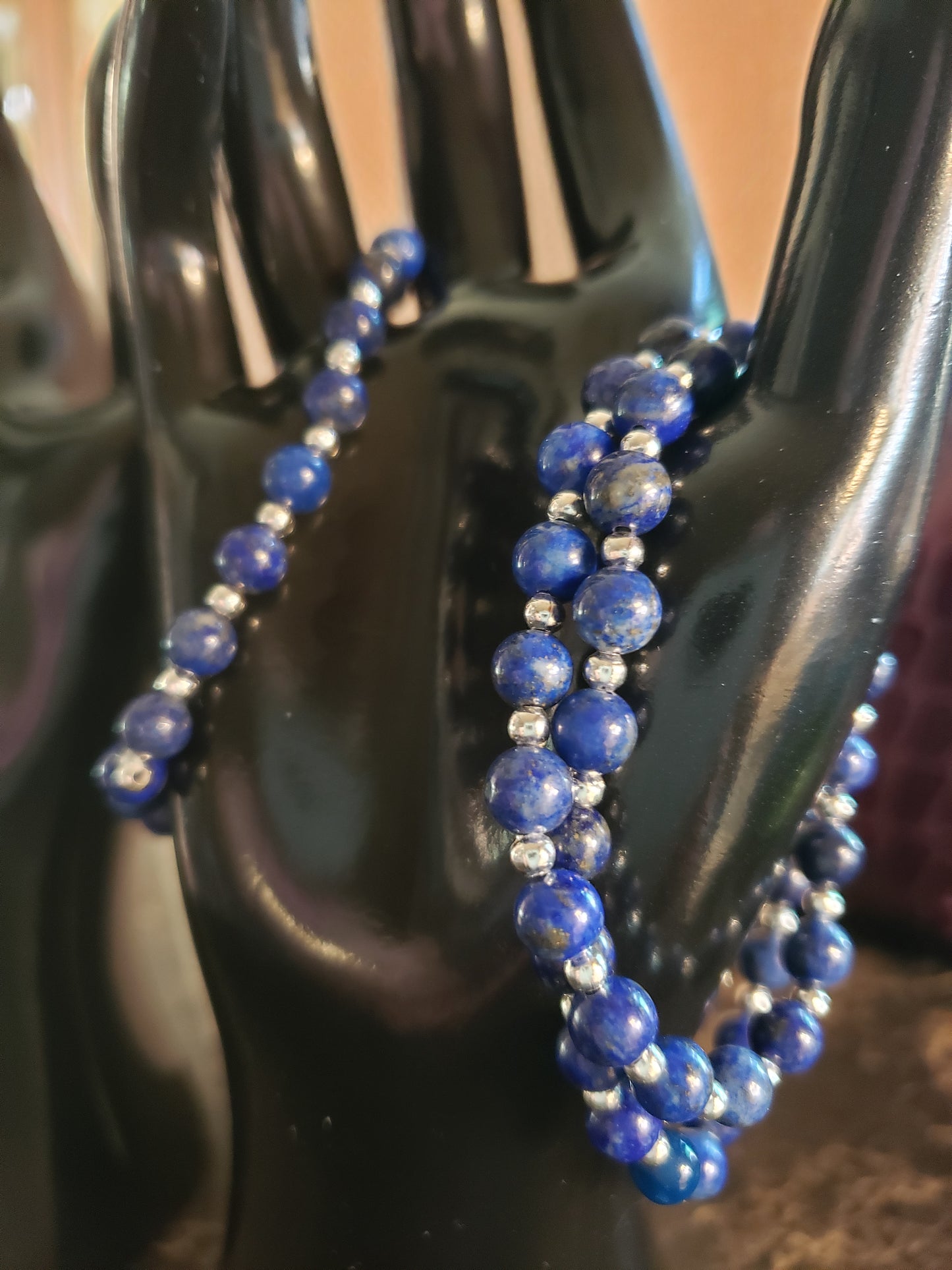 Deep blue lapis and silver beads stretchy