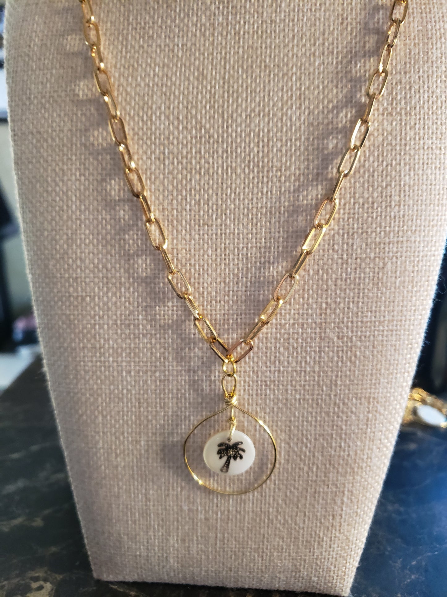 Gold Paperclip Necklace with Palm Tree Charm