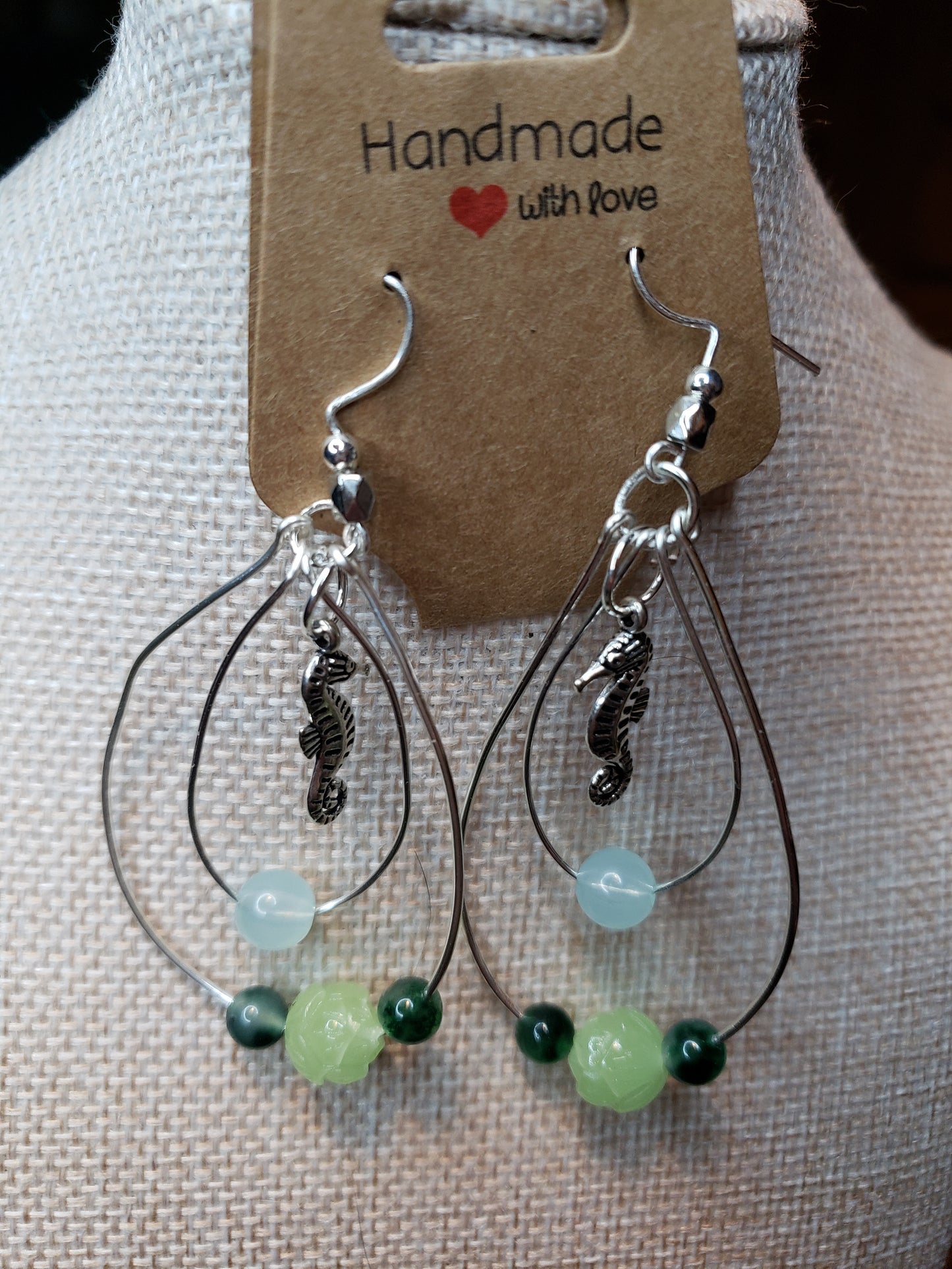 Silver Dangle earrings with Sea Horse and beads