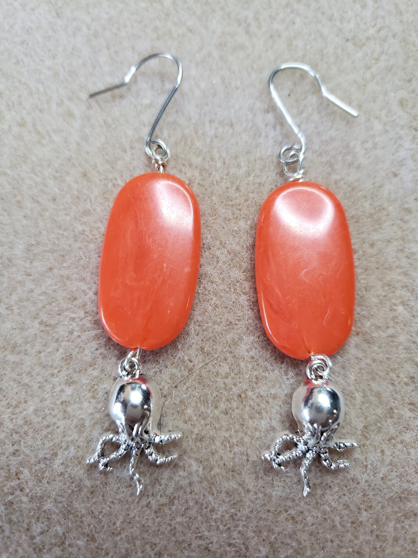 The Sea Series- Synthetic elongated stone earrings & Orange with Silver Octopus Charm
