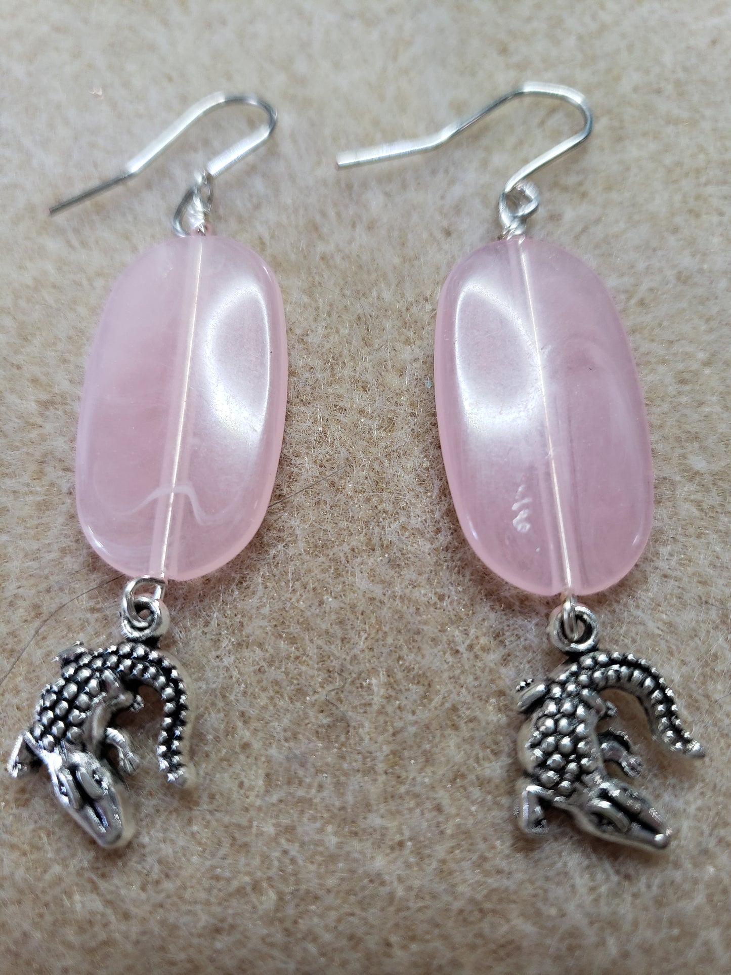 By the sea series - Synthetic Pink Elongated stone earring with Silver Alligator charm