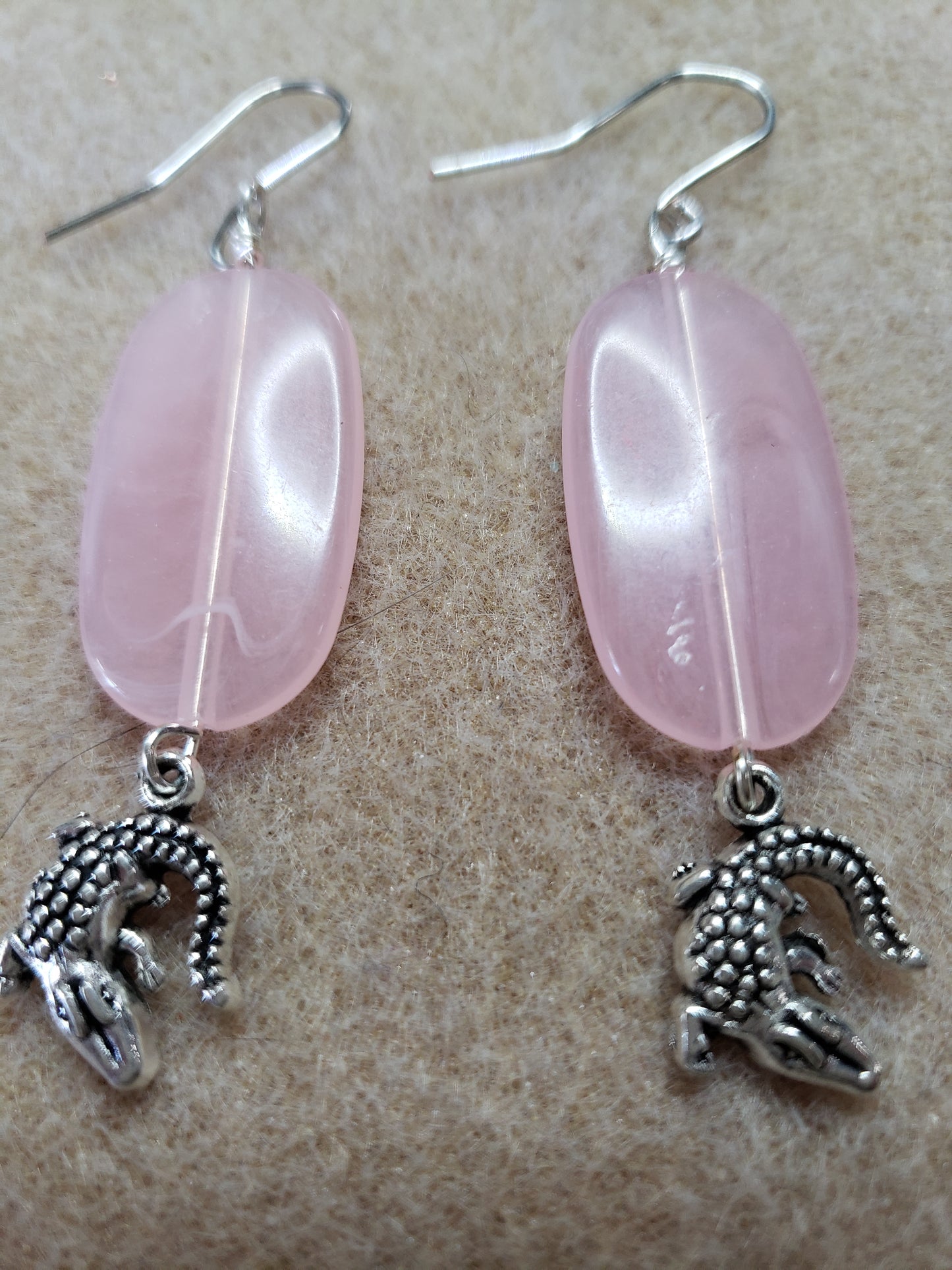 By the sea series - Synthetic Pink Elongated stone earring with Silver Alligator charm