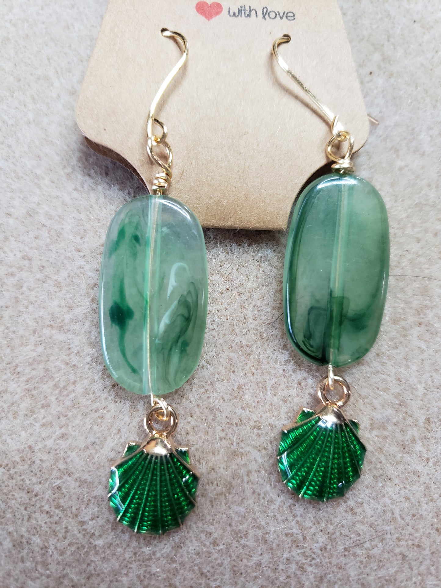By the sea series - Synthetic Sea Green Elongated stone earring with Green Clam Shell Charm
