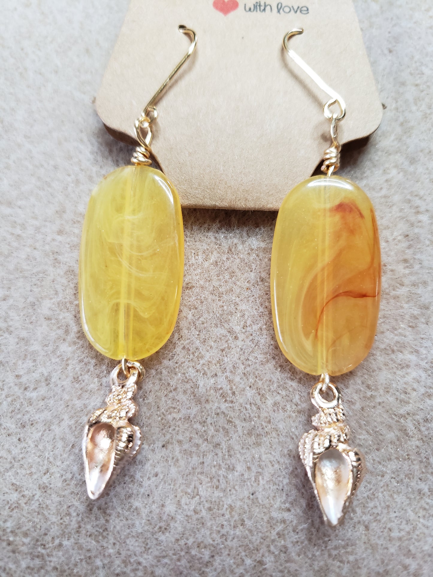 By the sea series - Synthetic Yellow & Red Elongated stone earring with Gold Sea Shell Charm