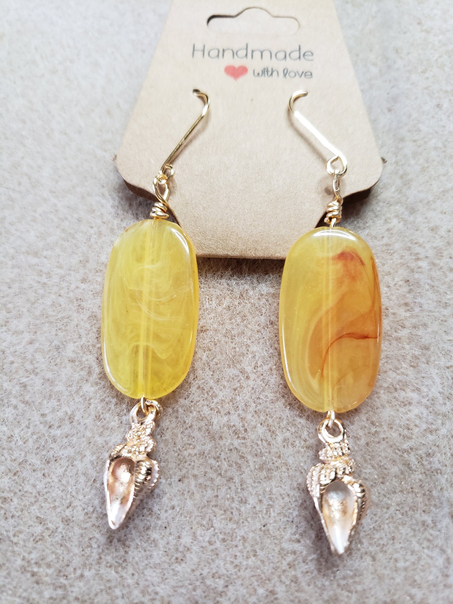 By the sea series - Synthetic Yellow & Red Elongated stone earring with Gold Sea Shell Charm
