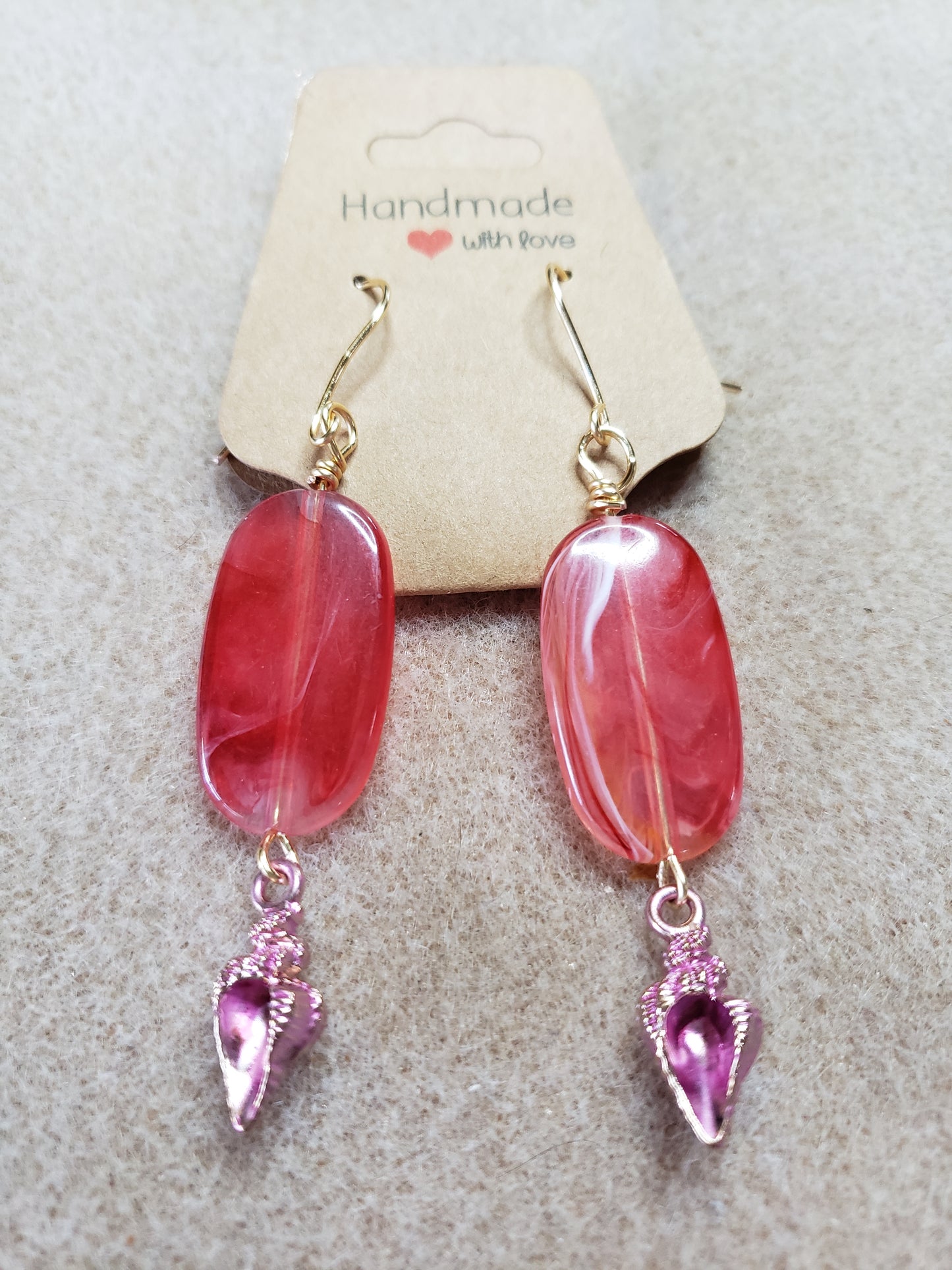 By the sea series - Synthetic Deep Pink Elongated stone earring with Pink Sea Shell Charm