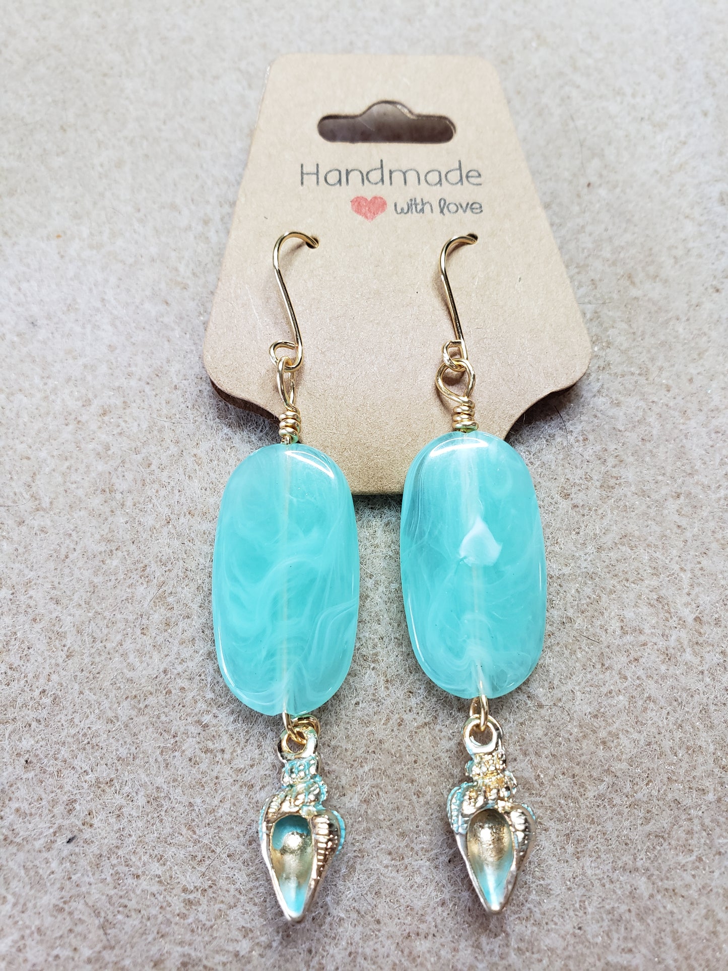 By the sea series - Synthetic Turquoise Elongated stone earring with Turquoise Sea Shell Charm