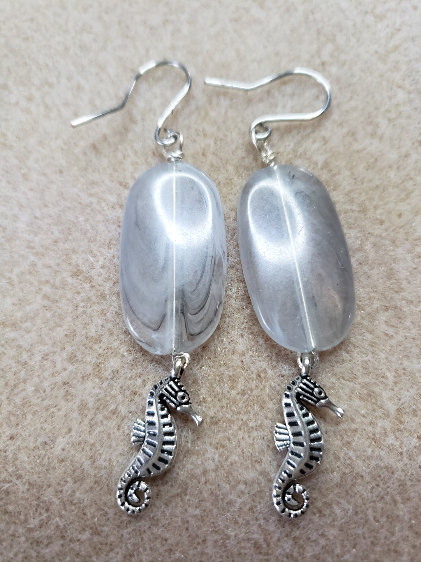 By the sea series - Synthetic Light Gray Elongated stone earring with Silver Sea Horse Charm