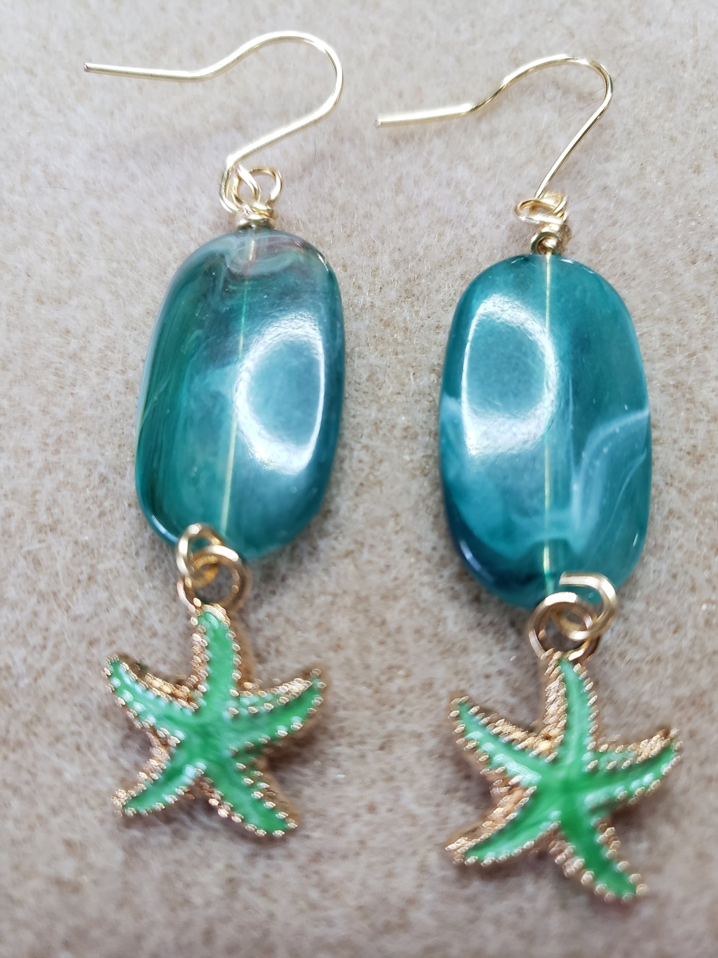 By The Sea Series- Synthetic elongated stone earrings & Deep Blue Turquoise with light green star Fish Charm