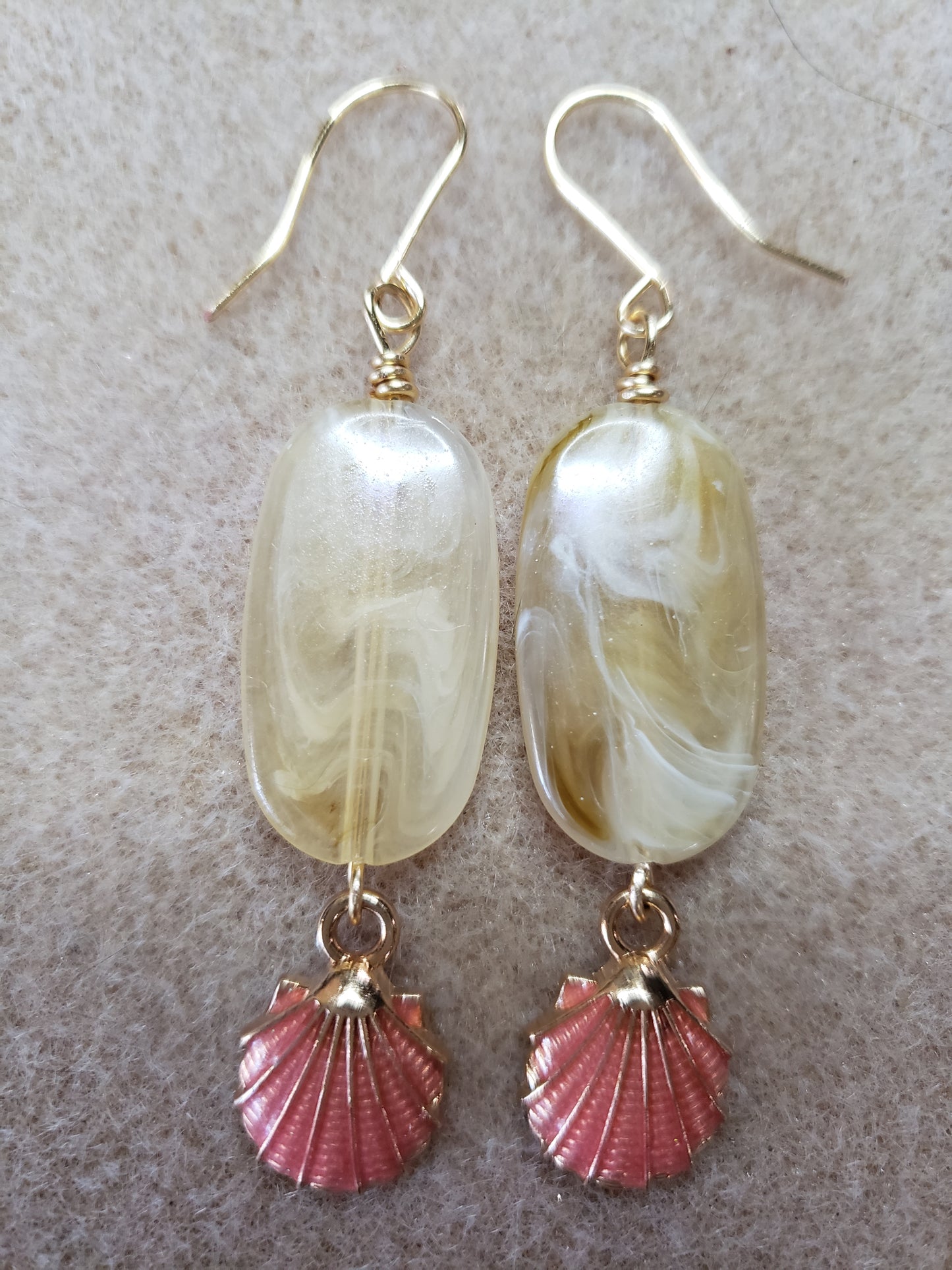 By The Sea Series- Synthetic elongated stone earrings & Soft Sand with Pink Clam Shell Charm