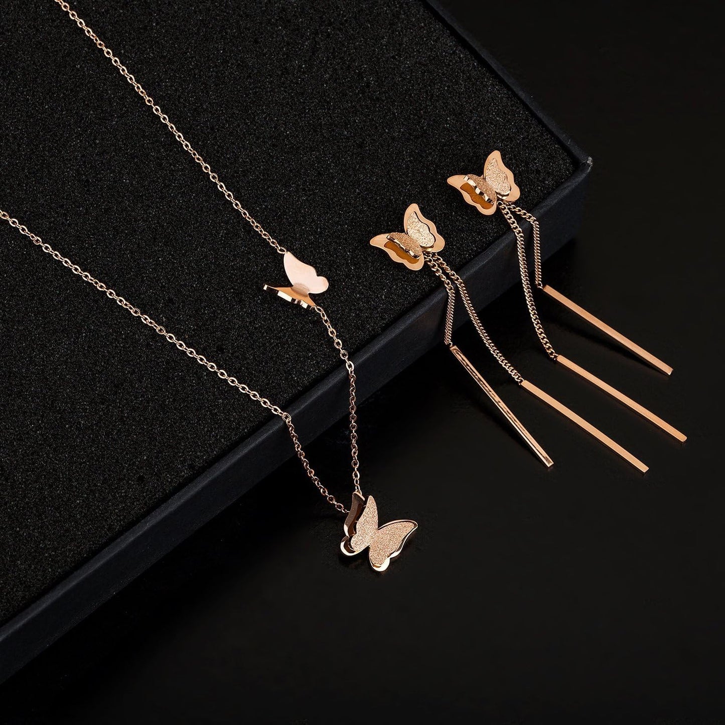 Elegant Stainless Steel Butterfly Jewelry Set - 14K Rose Gold Plated Hypoallergenic Necklace and Earrings for Women