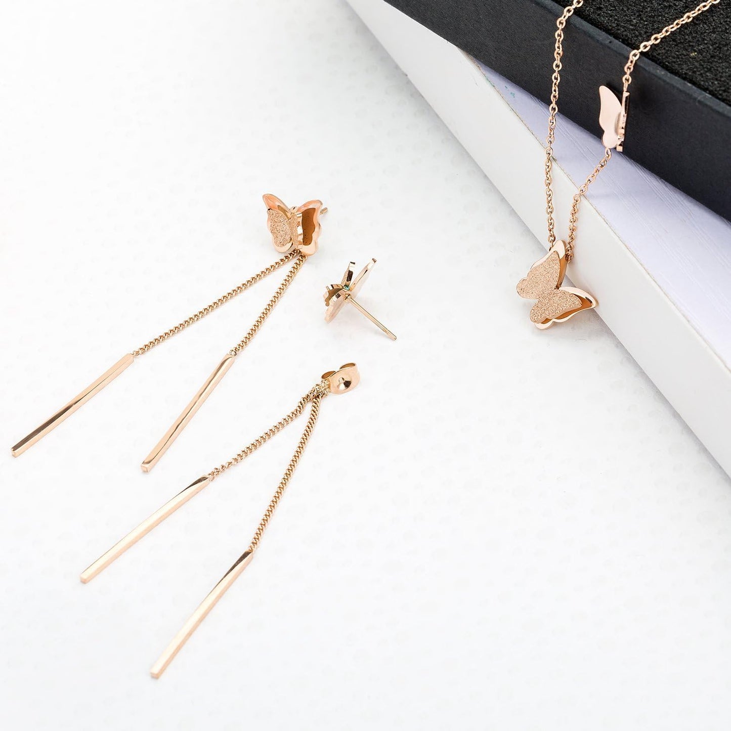 Elegant Stainless Steel Butterfly Jewelry Set - 14K Rose Gold Plated Hypoallergenic Necklace and Earrings for Women