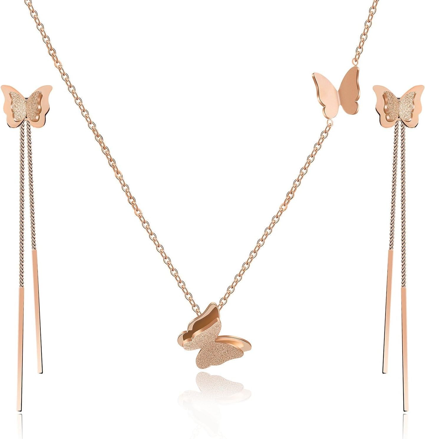 Elegant Stainless Steel Butterfly Jewelry Set - 14K Rose Gold Plated Hypoallergenic Necklace and Earrings for Women