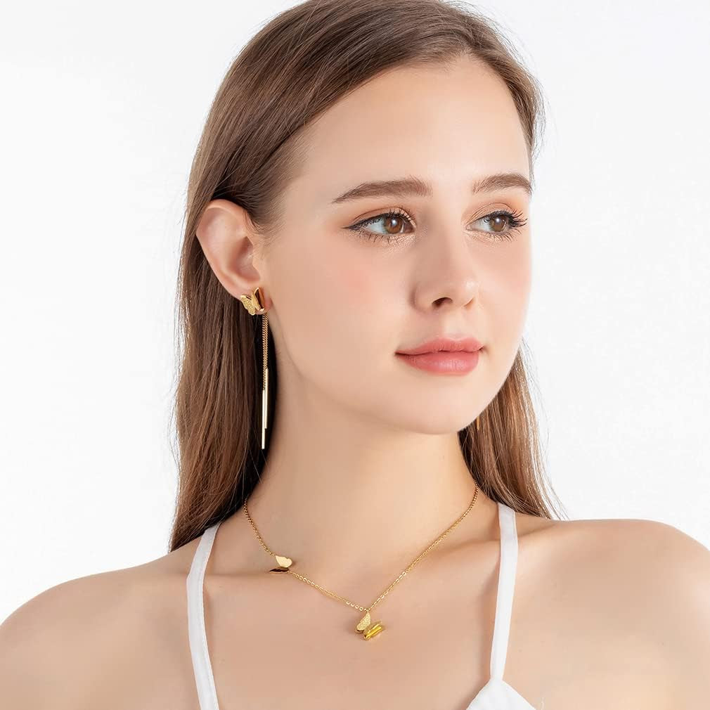 Elegant Stainless Steel Butterfly Jewelry Set - 14K Rose Gold Plated Hypoallergenic Necklace and Earrings for Women