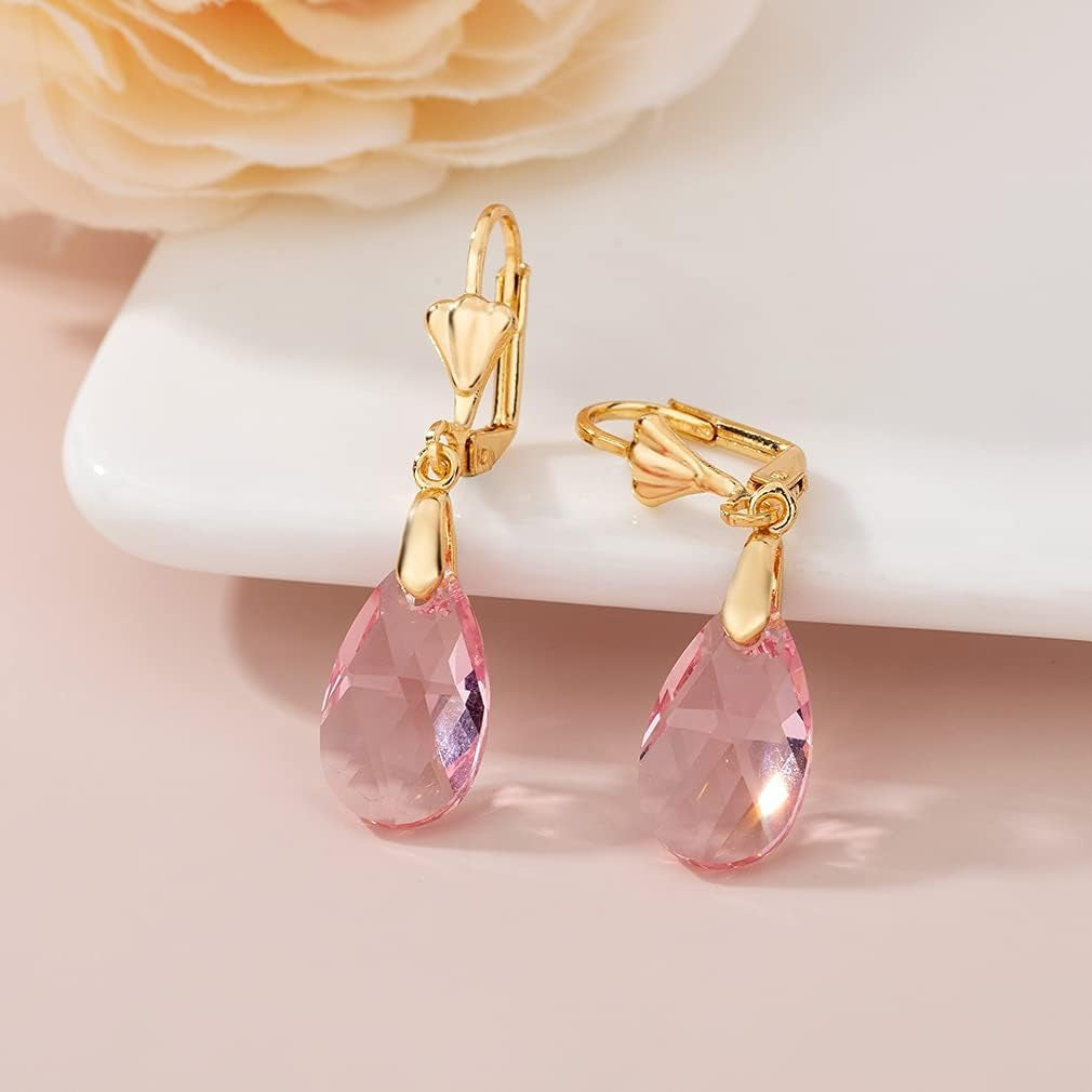 Austrian Crystal Teardrop Leverback Dangle Earrings for Women Fashion 14K Gold Plated Hypoallergenic Jewelry