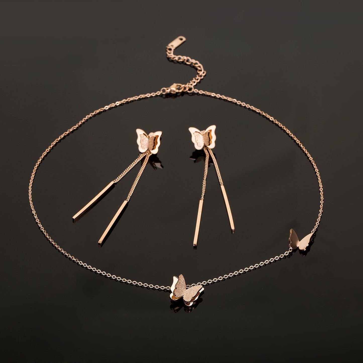 Elegant Stainless Steel Butterfly Jewelry Set - 14K Rose Gold Plated Hypoallergenic Necklace and Earrings for Women
