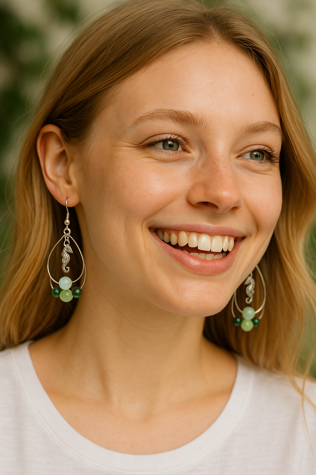 Silver Dangle earrings with Sea Horse and beads