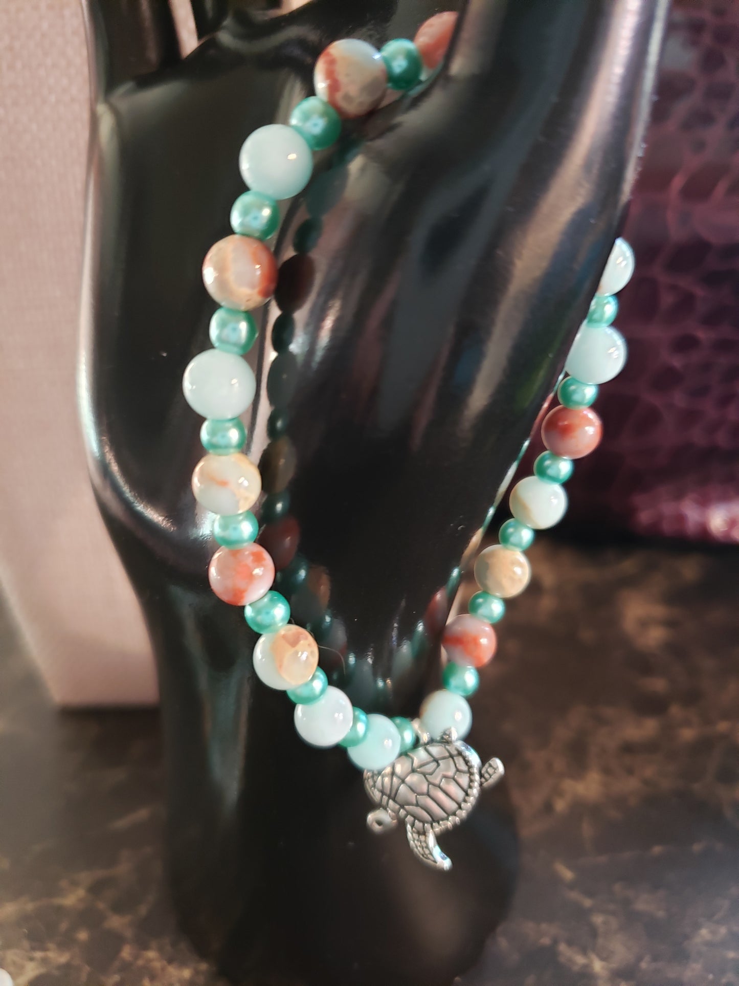 By the sea turquoise and soft earth tone stretchy bracelet