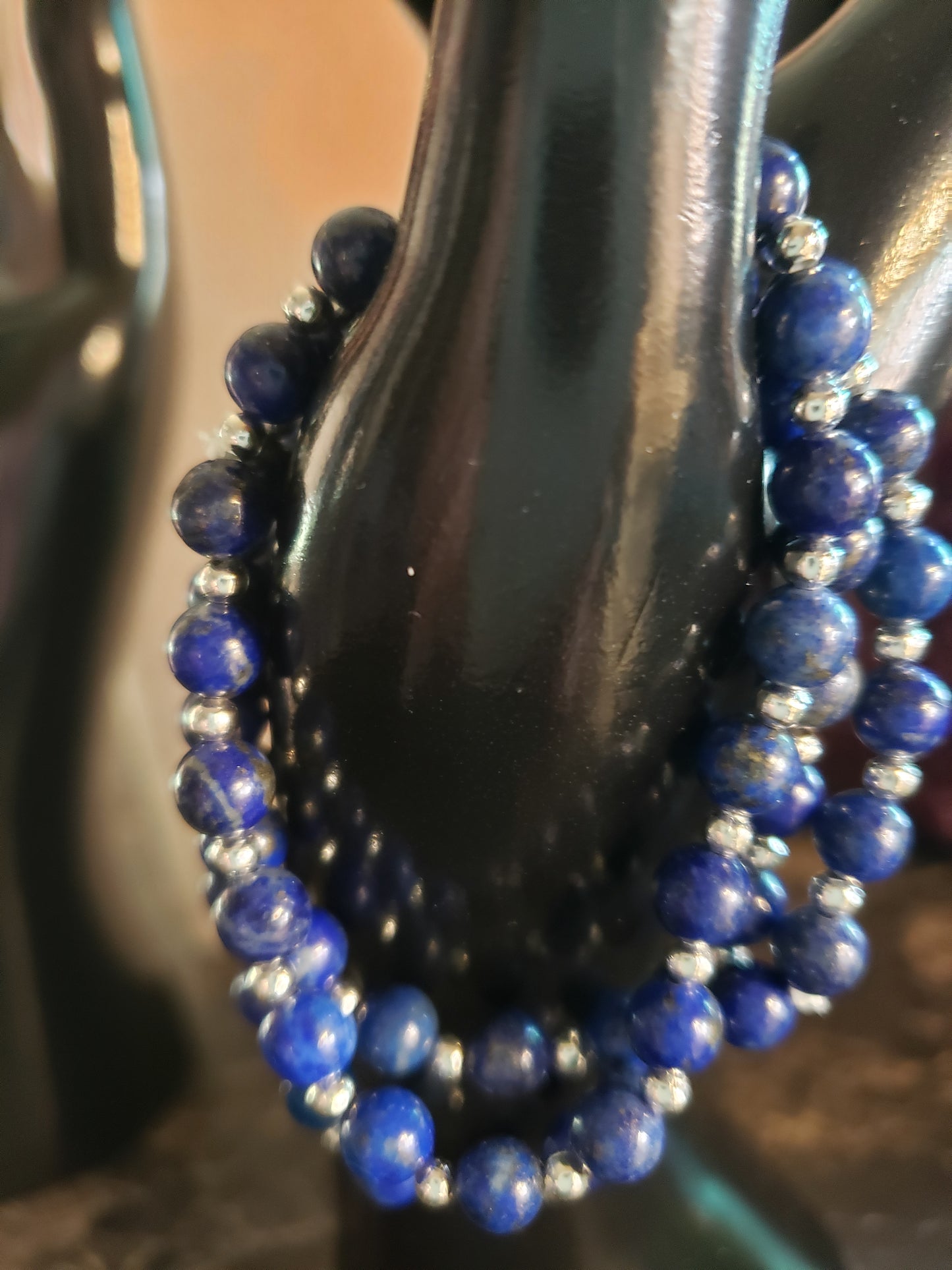 Deep blue lapis and silver beads stretchy