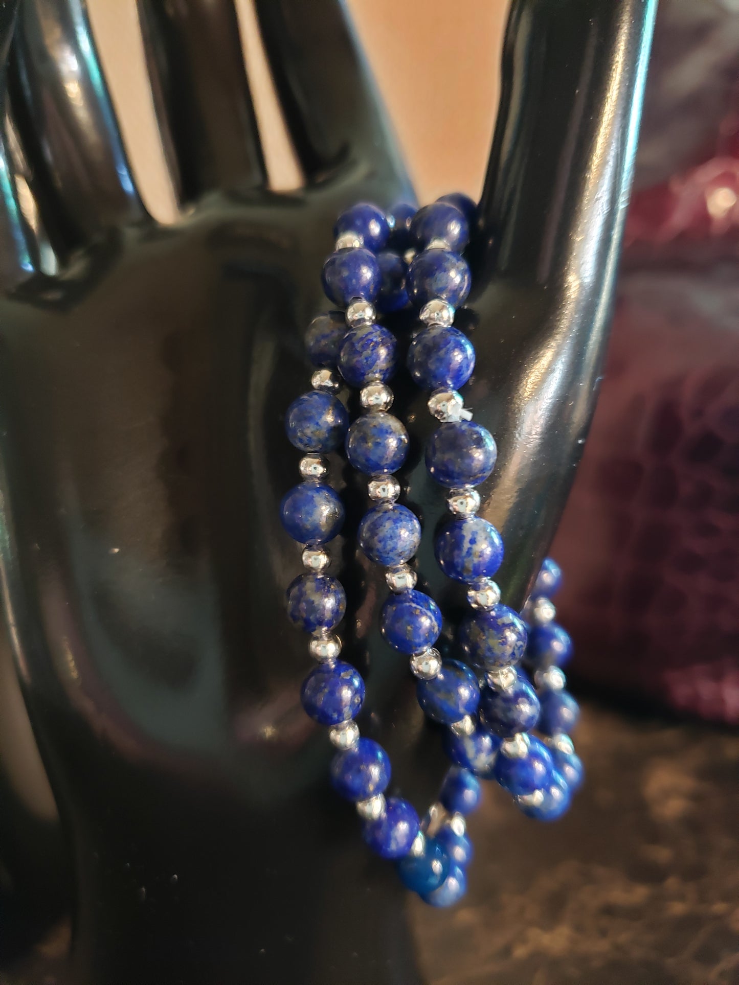 Deep blue lapis and silver beads stretchy