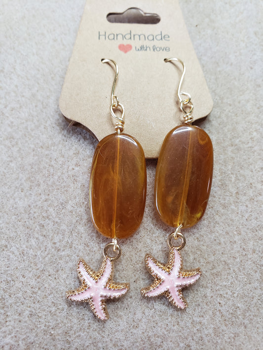 By the sea series - Elongated stone earring with Golden star fish charm