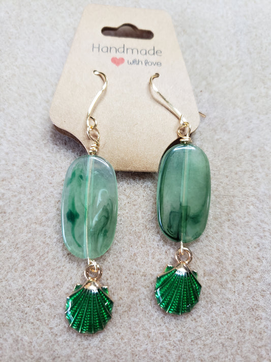 By the sea series - Synthetic Sea Green Elongated stone earring with Green Clam Shell Charm
