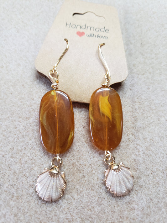 By the sea series - Synthetic Amber Elongated stone earring with Sand trim with gold Clam Shell Charm