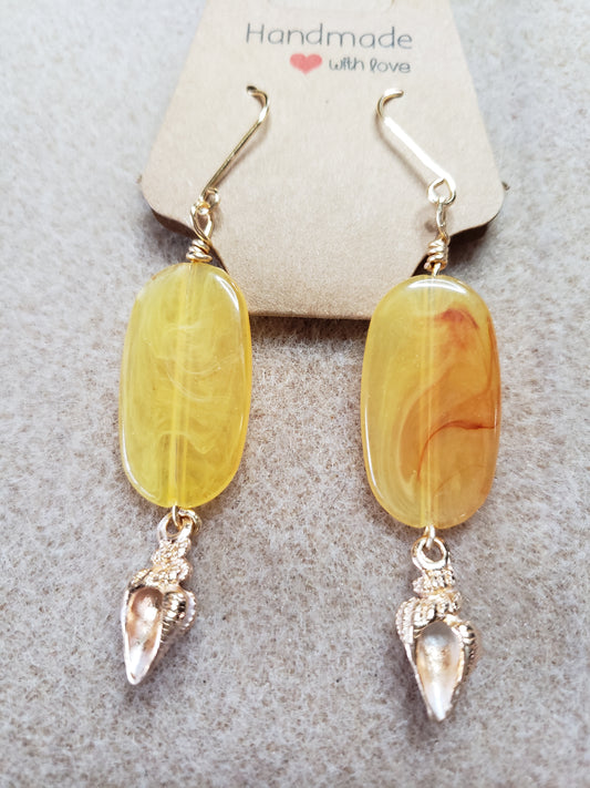 By the sea series - Synthetic Yellow & Red Elongated stone earring with Gold Sea Shell Charm