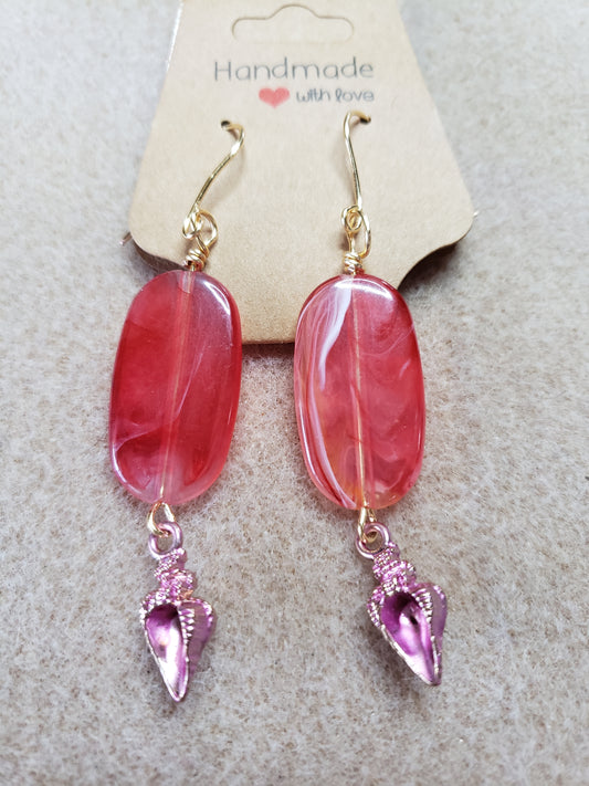 By the sea series - Synthetic Deep Pink Elongated stone earring with Pink Sea Shell Charm