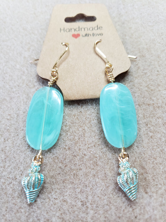 By the sea series - Synthetic Turquoise Elongated stone earring with Turquoise Sea Shell Charm