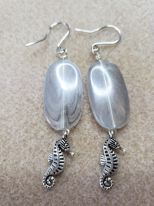 By the sea series - Synthetic Light Gray Elongated stone earring with Silver Sea Horse Charm
