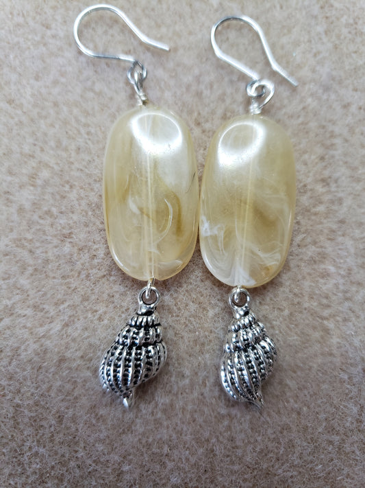 By the sea series - Synthetic Soft Sand Elongated stone earring with Silver Sea Shell Charm