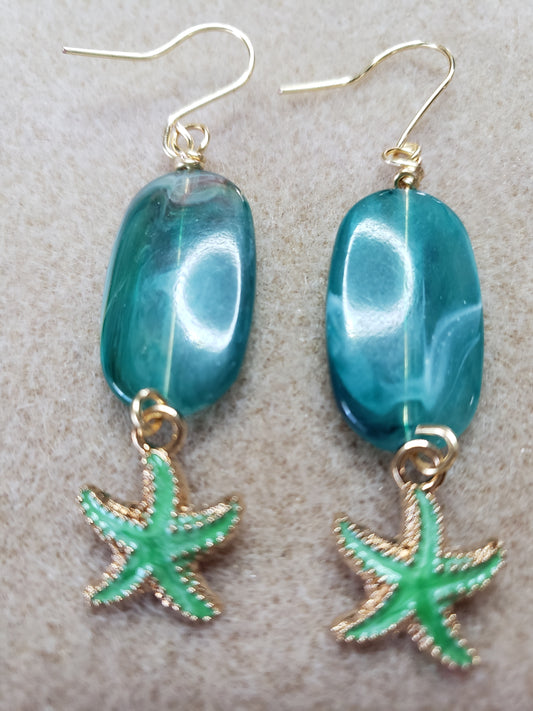 By The Sea Series- Synthetic elongated stone earrings & Deep Blue Turquoise with light green star Fish Charm