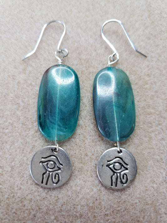 By The Sea Series- Synthetic elongated stone earrings & Deep Blue Turquoise with Eye of Horus Charm