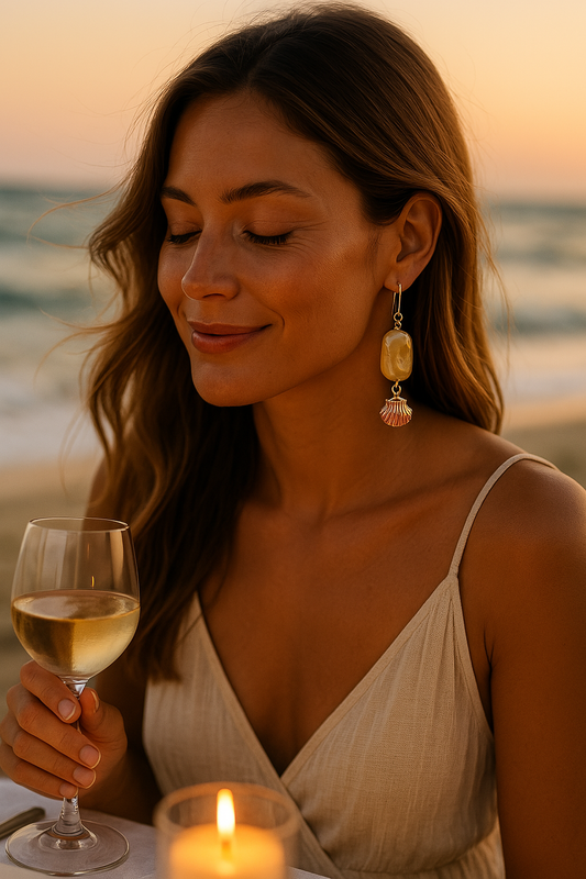 By The Sea Series- Synthetic elongated stone earrings & Soft Sand with Pink Clam Shell  Charm