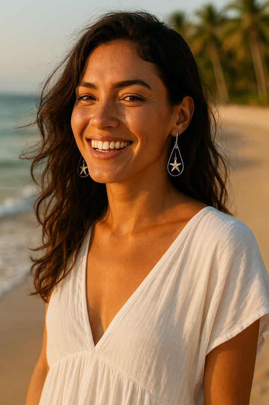 The Sea Series-Silver Pear shaped Earring with Star Fish Charm